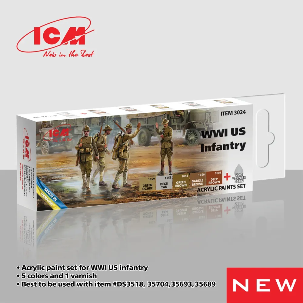 Sada akrylových barev ICM 3024 WWI US Infantry, 6 lahviček po 12 ml