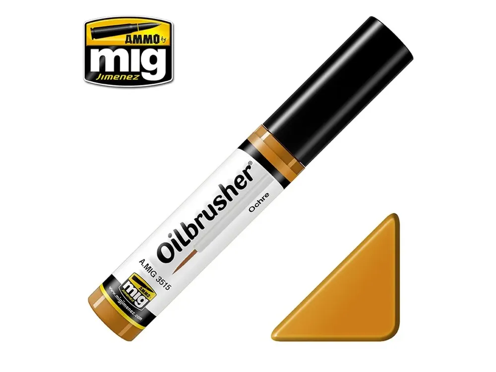 Lahvička olejové barvy AMMO Mig Oilbrusher A.MIG-3515 okrová (Ochre) 10 ml s aplikátorem