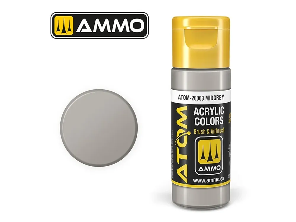 Lahvička akrylové barvy AMMO Mig ATOM Color ATOM-20003 středně šedá Midgrey 20 ml