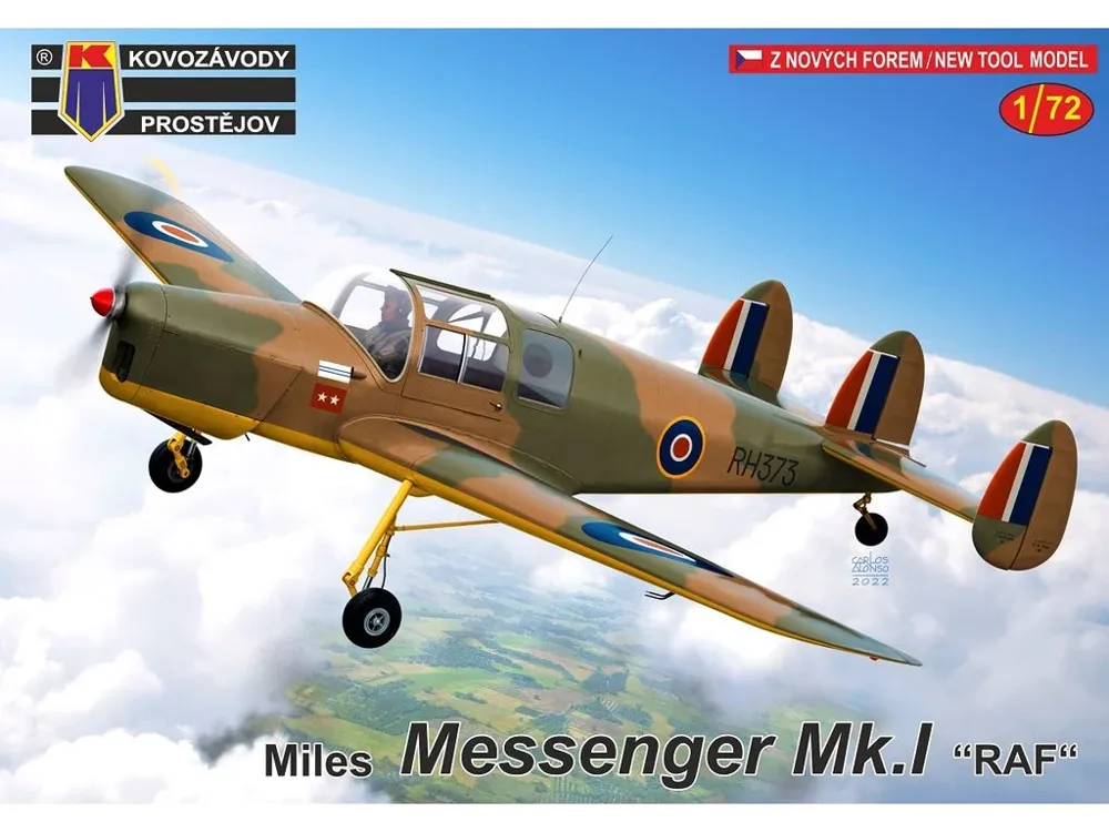 Krabice plastikové stavebnice Kovozávody Prostějov KPM0319 Miles Messenger Mk.I RAF v měřítku 1/72