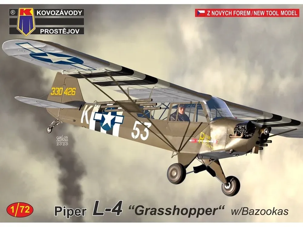 Krabice plastikové stavebnice Kovozávody Prostějov 1/72 Piper L-4 Grasshopper s bazukami KPM0190