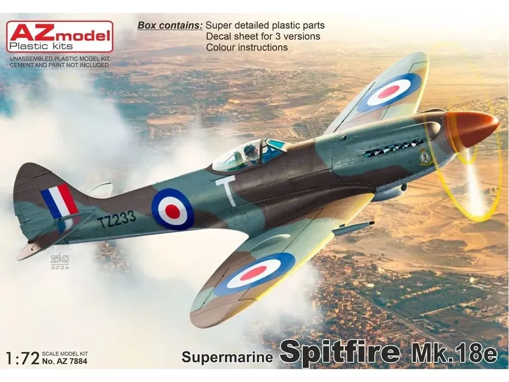 Krabice plastikové stavebnice AZ Model AZ7884 Supermarine Spitfire Mk.18e v měřítku 1/72