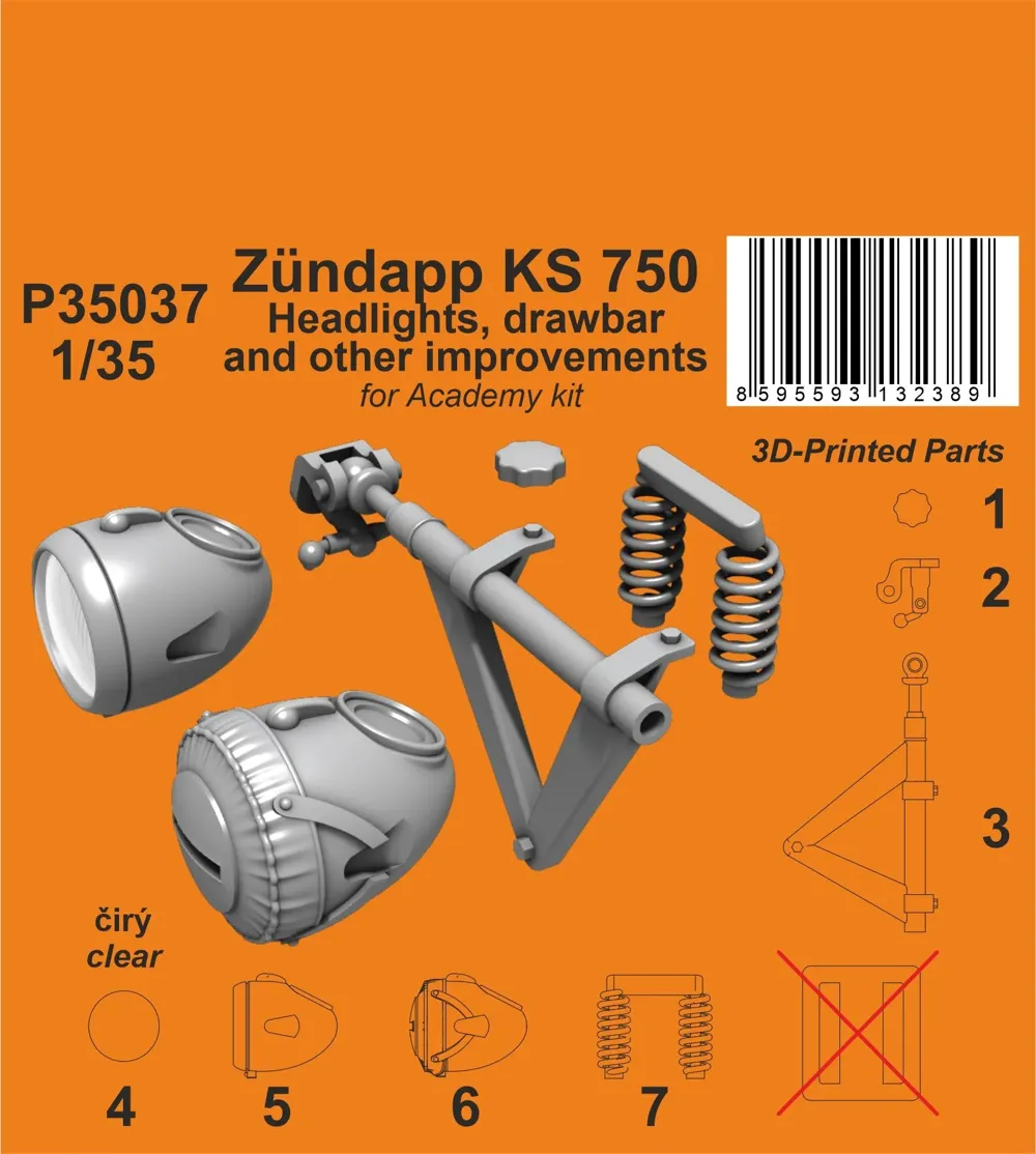 Resinové 3D tištěné díly CMK P35037 pro Zündapp KS 750 v měřítku 1/35 – světlomety a tažná oj