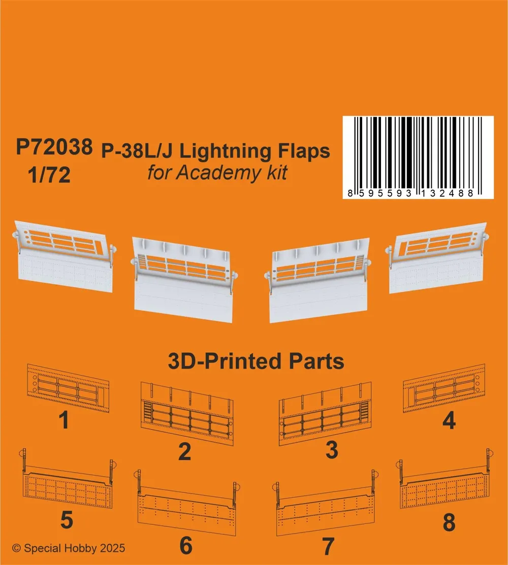 Resinové 3D tištěné vztlakové klapky CMK P72038 pro model P-38L/J Lightning v měřítku 1/72