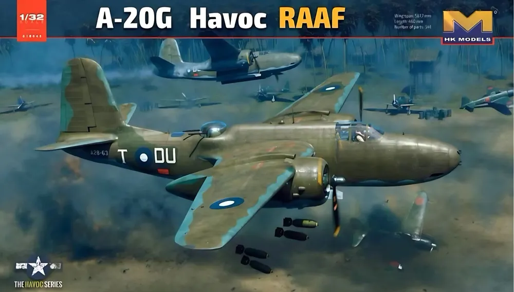 Krabice stavebnice HK Models 1/32 A-20G RAAF Havoc s kovovým podvozkem a závažím do přídě