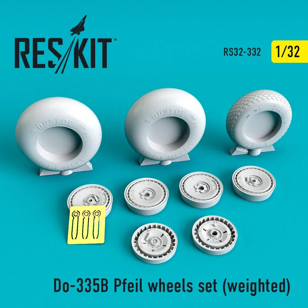 Sada kol Reskit RS32-0332 pro Do-335B Pfeil v měřítku 1/32 se zatíženými pneumatikami