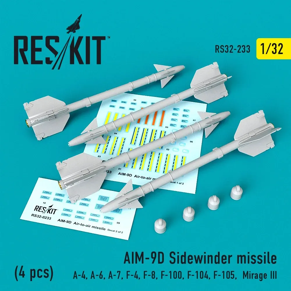 Sada raket Reskit RS32-0233 AIM-9D Sidewinder v měřítku 1/32, 4 díly letecké výzbroje