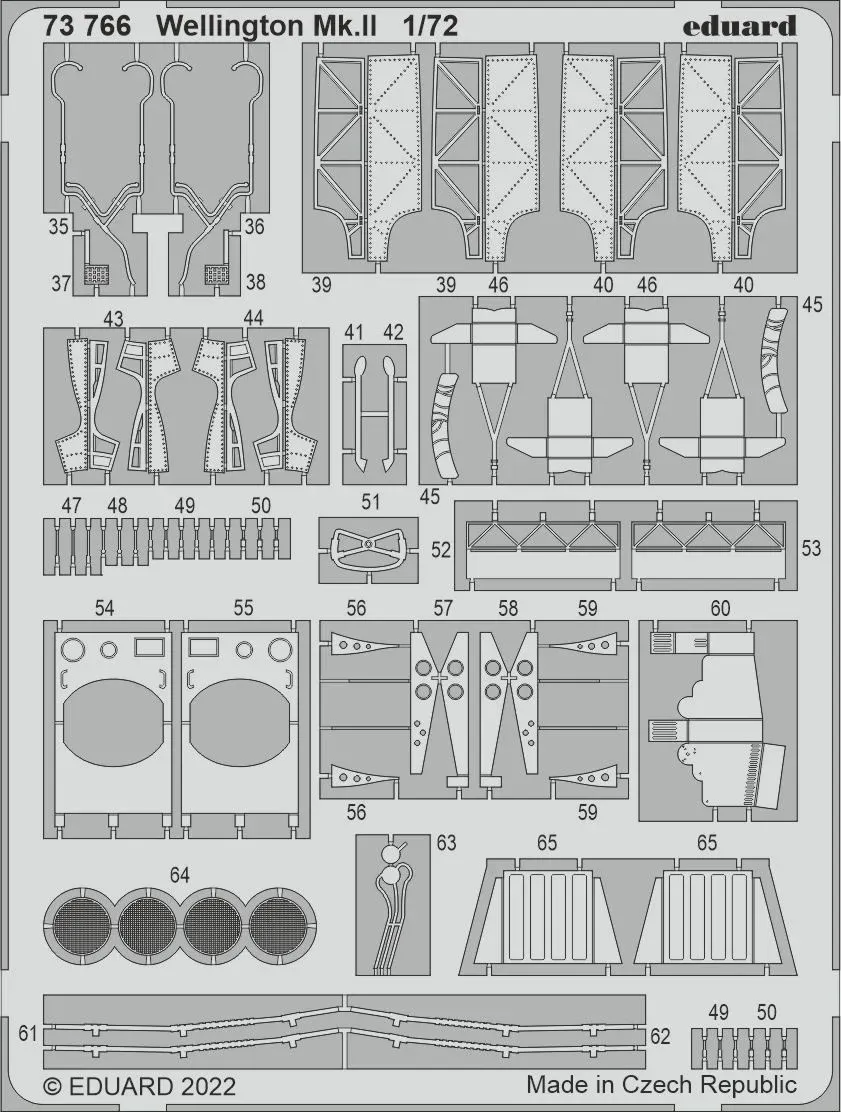 Fotolepty Eduard 73766 Wellington Mk.II 1/72 – leptaný plát s barevnými díly