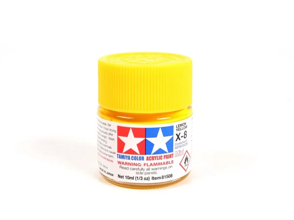 Skleněná lahvička akrylové barvy Tamiya 81508 Acrylic Mini X-8 citronově žlutá, 10 ml