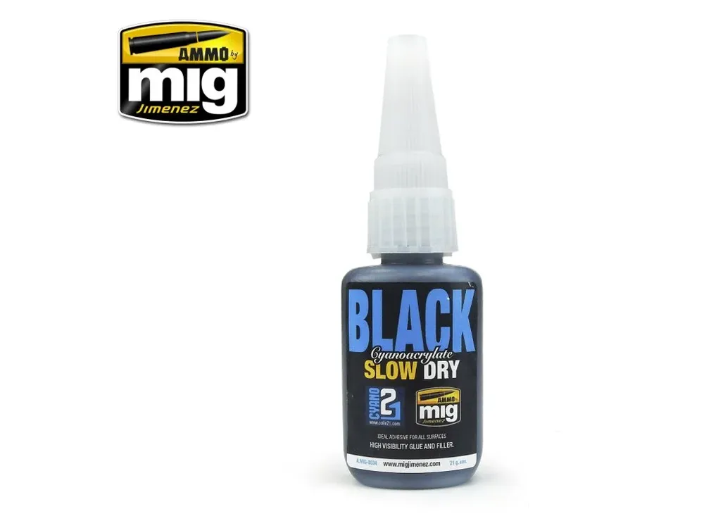 Balení černého sekundového lepidla AMMO Mig A.MIG-8034 Black Slow Dry Cyanoacrylate