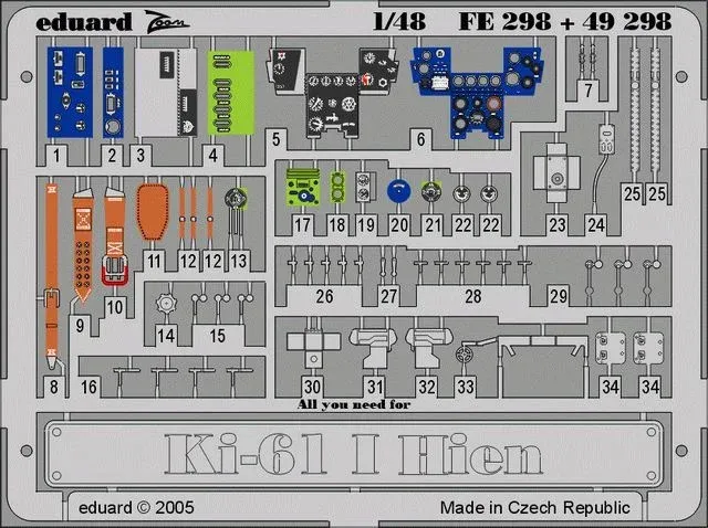 Barevný fotolept Eduard FE298 Zoom pro Ki-61 I Hien 1:48, díly interiéru na plátu
