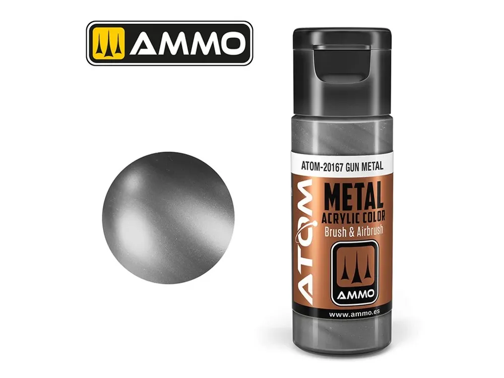 Lahvička akrylové barvy AMMO Mig ATOM Metallic ATOM-20167 Gun Metal 20 ml
