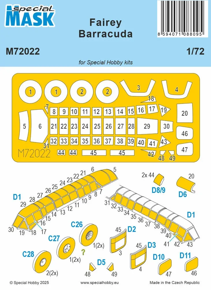 Předřezané masky Special Hobby M72022 pro model Fairey Barracuda v měřítku 1/72