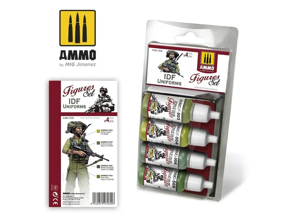 Sada čtyř akrylových barev AMMO Mig A.MIG-7030 IDF Uniforms Figures Set, 17 ml