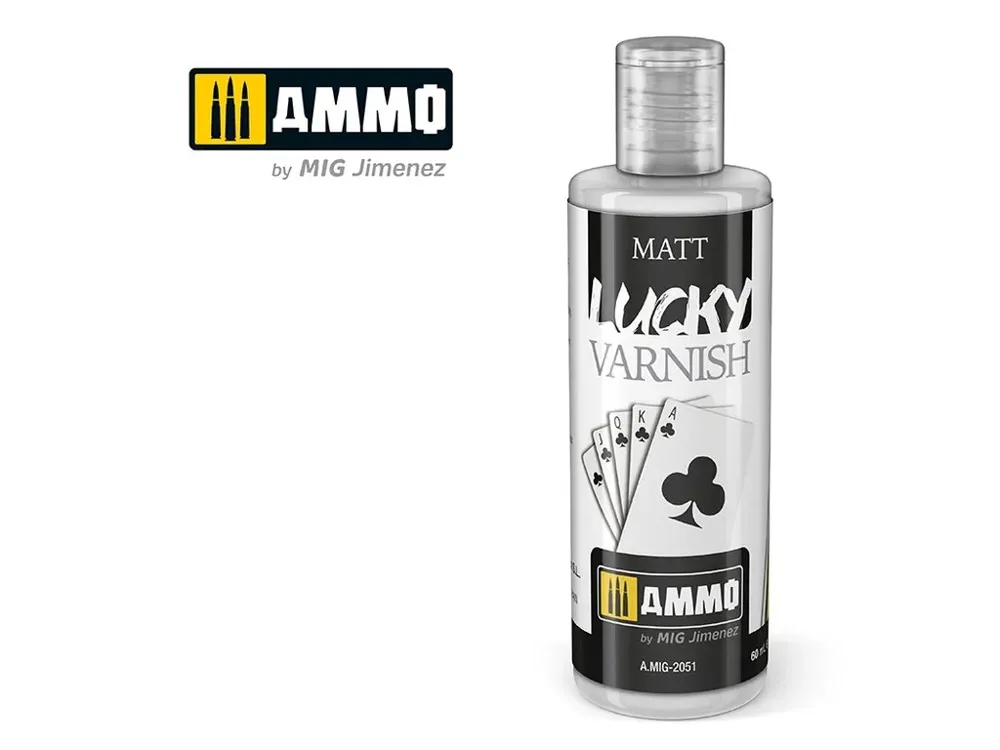 Lahvička matného akrylového laku AMMO Mig A.MIG-2051 Lucky Varnish Matt 60 ml