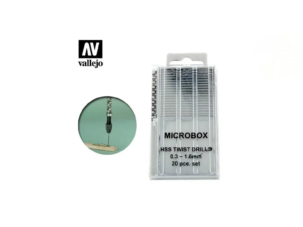 Vallejo Tools T01001 sada 20 mikro vrtáků 0,3–1,6 mm pro plastikové modely