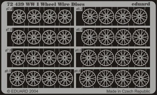 Fotoleptaný plát Eduard 72439 WWI Wheel Wire Discs s drátěnými výplněmi kol v měřítku 1:72