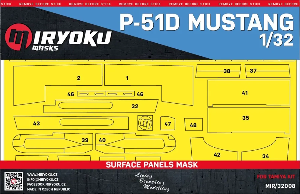 Miryoku MIR-32008 masky povrchových panelů P-51D Mustang v měřítku 1/32