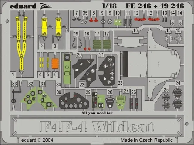 Fotolepty Eduard 49246 pro F4F-4 Wildcat 1/48, barevné fotoleptané díly na plátku
