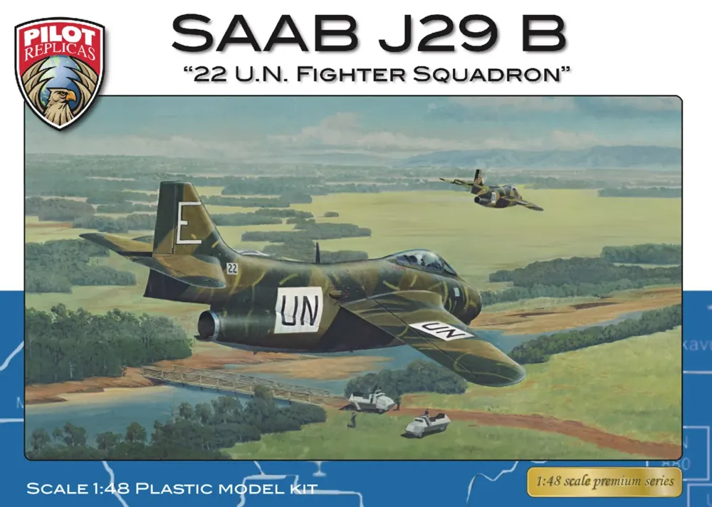 Krabice plastové stavebnice Pilot Replicas 48A004 SAAB J29 B UN Kongo v měřítku 1/48