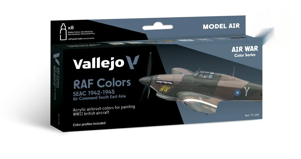 Sada akrylových barev Vallejo Model Air 71146 SEAC RAF – osm lahviček pro airbrush
