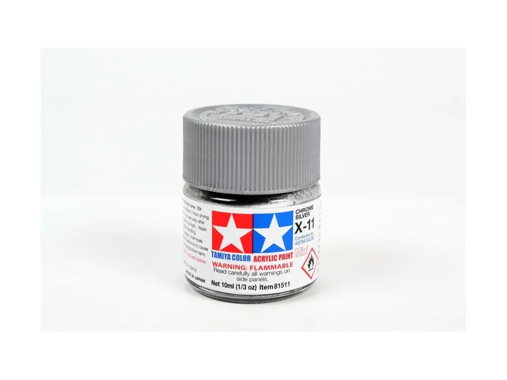 Lahvička akrylové barvy Tamiya Acrylic Mini X-11 Chrome Silver 81511, 10 ml