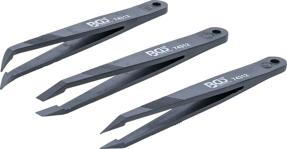Sada plastových pinzet BGS 74312, tři kusy s různými tvary hrotů, délka 118 mm