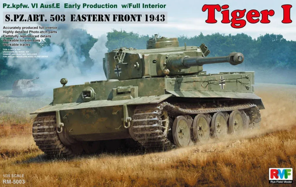 Krabice stavebnice Rye Field Model RFM5003 Tiger I early production s plným interiérem v měřítku 1/35