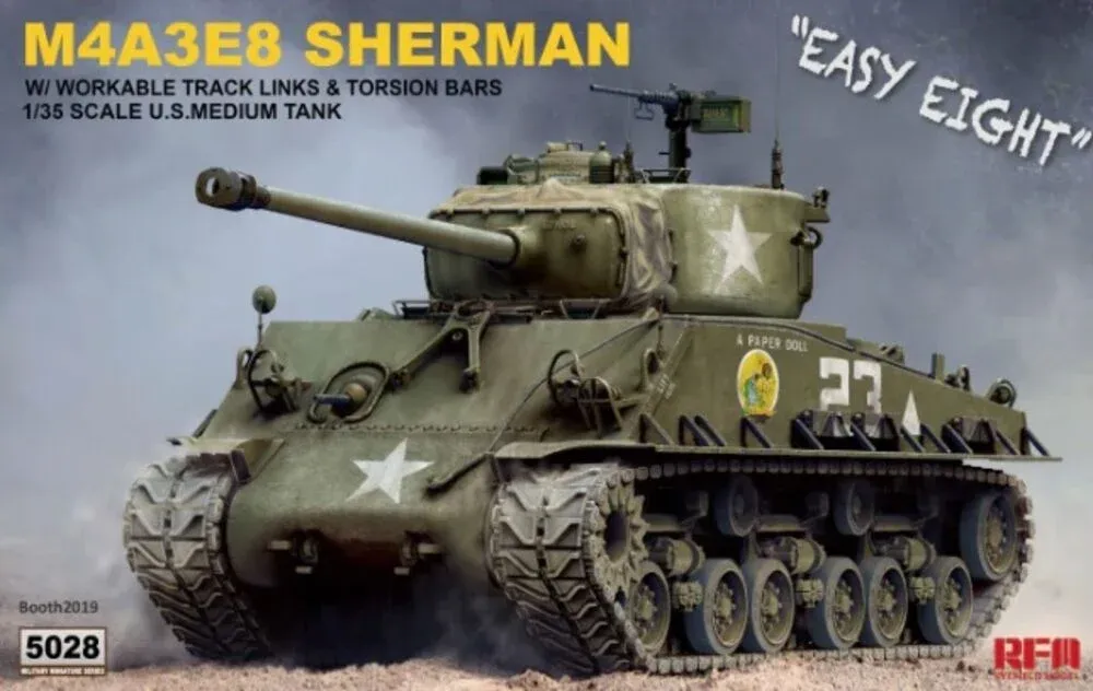 Krabice plastikové stavebnice Rye Field Model RFM-5028 Sherman M4A3E8 v měřítku 1/35