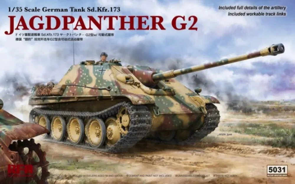 Krabice plastikové stavebnice Rye Field Model RFM-5031 Jagdpanther G2 v měřítku 1/35