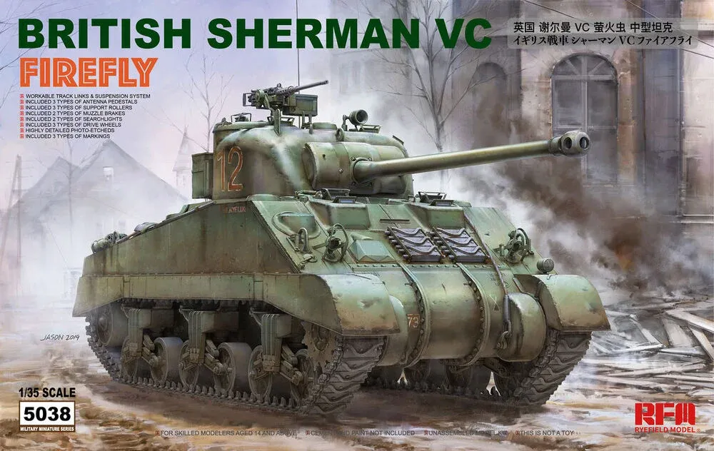 Krabice plastikové stavebnice Rye Field Model RFM-5038 Sherman VC Firefly v měřítku 1/35