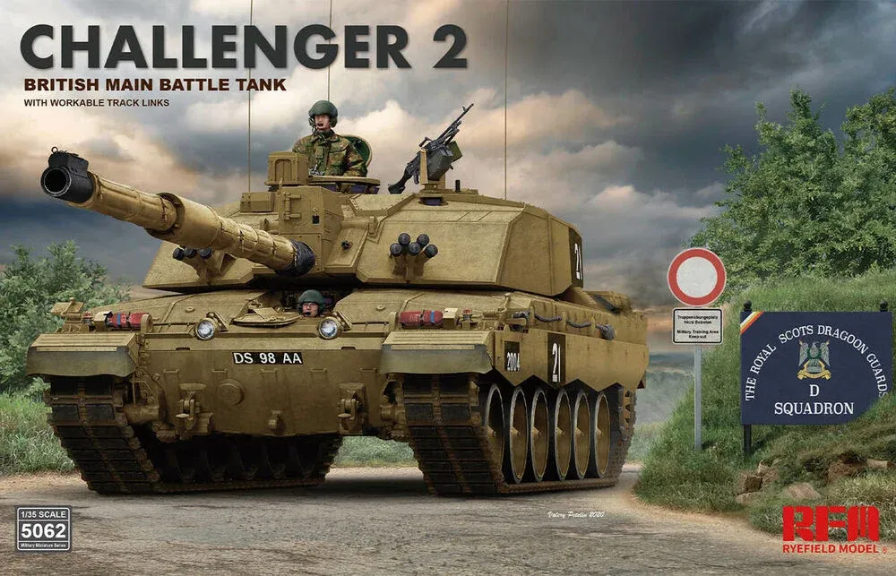 Krabice stavebnice Rye Field Model RFM5062 Challenger 2 v měřítku 1/35 s funkčními pásovými články