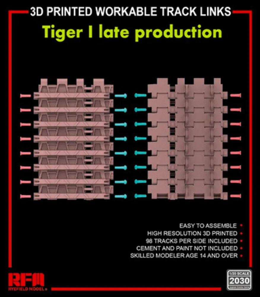 Sada 3D tištěných funkčních pásových článků Rye Field Model RFM2030 pro Tiger I late v měřítku 1/35