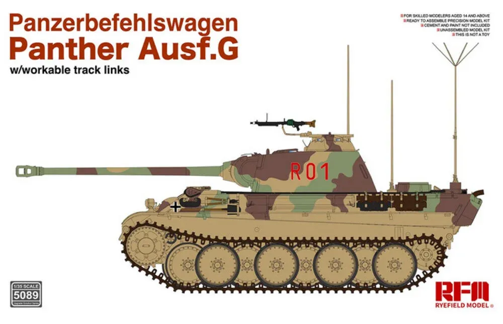 Krabice stavebnice Rye Field Model RFM5089 Panzerbefehlswagen Panther Ausf.G v měřítku 1/35