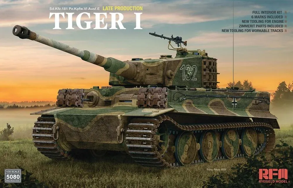 Krabice stavebnice Rye Field Model RFM5080 Tiger I Ausf.E pozdní verze v měřítku 1/35