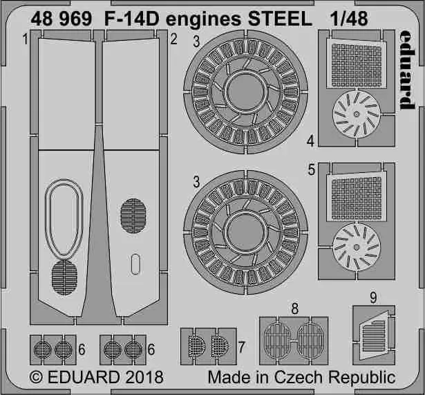 Fotoleptaná sada Eduard 48969 STEEL motory F-14D v měřítku 1/48 pro stavebnici Tamiya