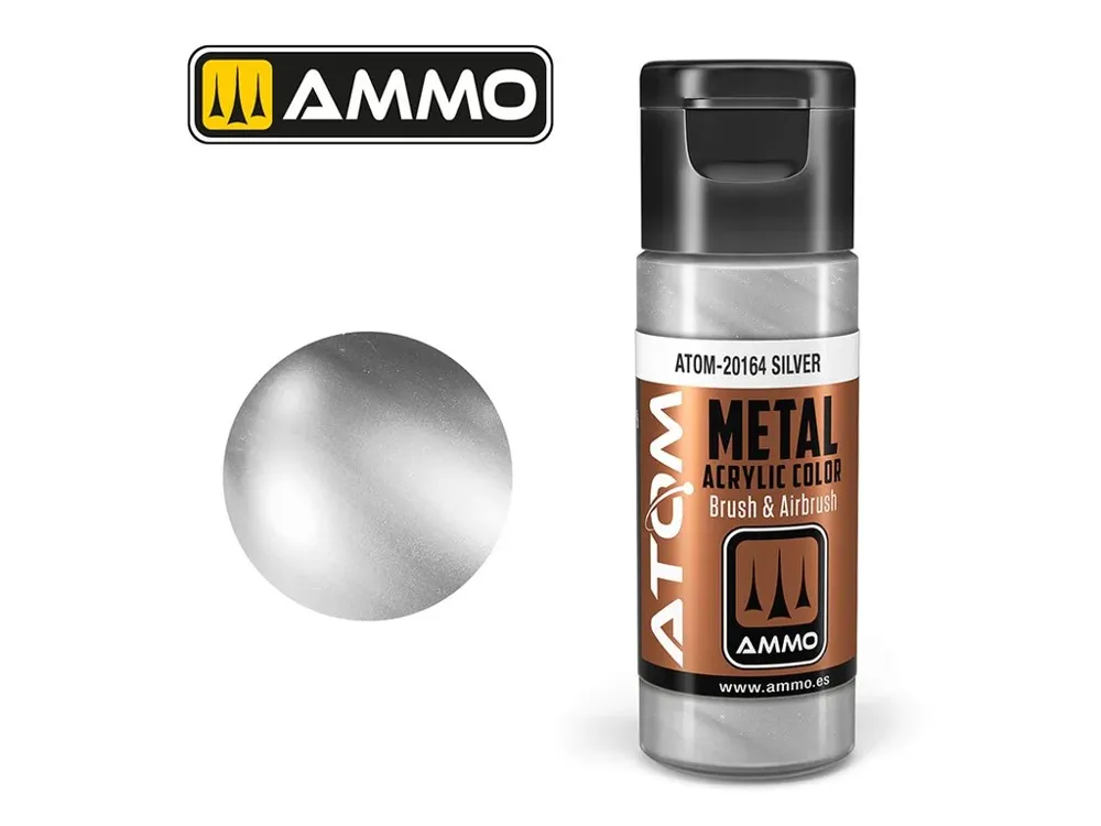 Lahvička akrylové barvy AMMO Mig ATOM Metallic ATOM-20164 stříbrná 20 ml