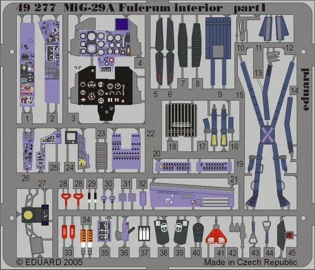 Barevné fotolepty Eduard 49277 MiG-29A Fulcrum interior 1:48 pro stavebnici Academy