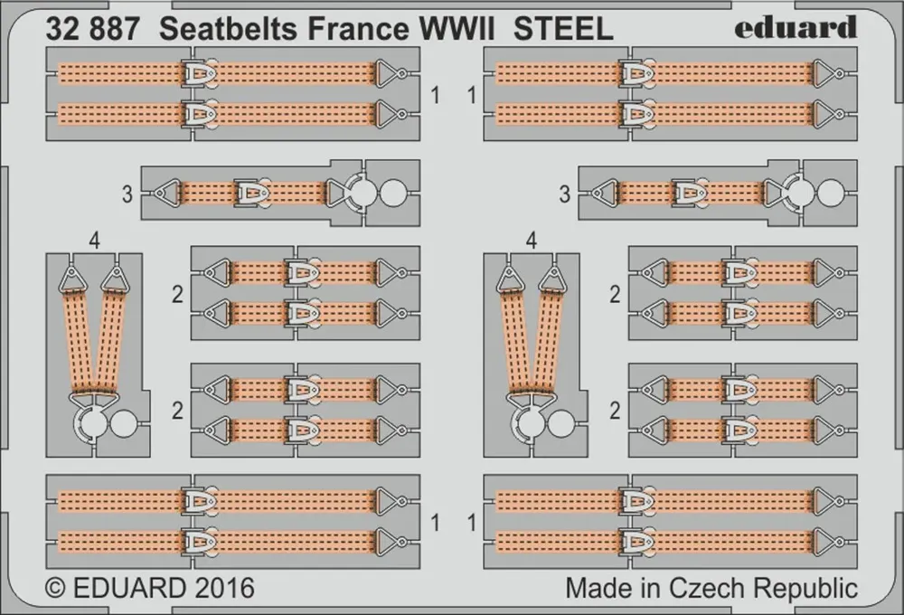 Fotoleptaná sada Eduard 32887 Seatbelts France WWII STEEL 1/32 s barevnými pásy