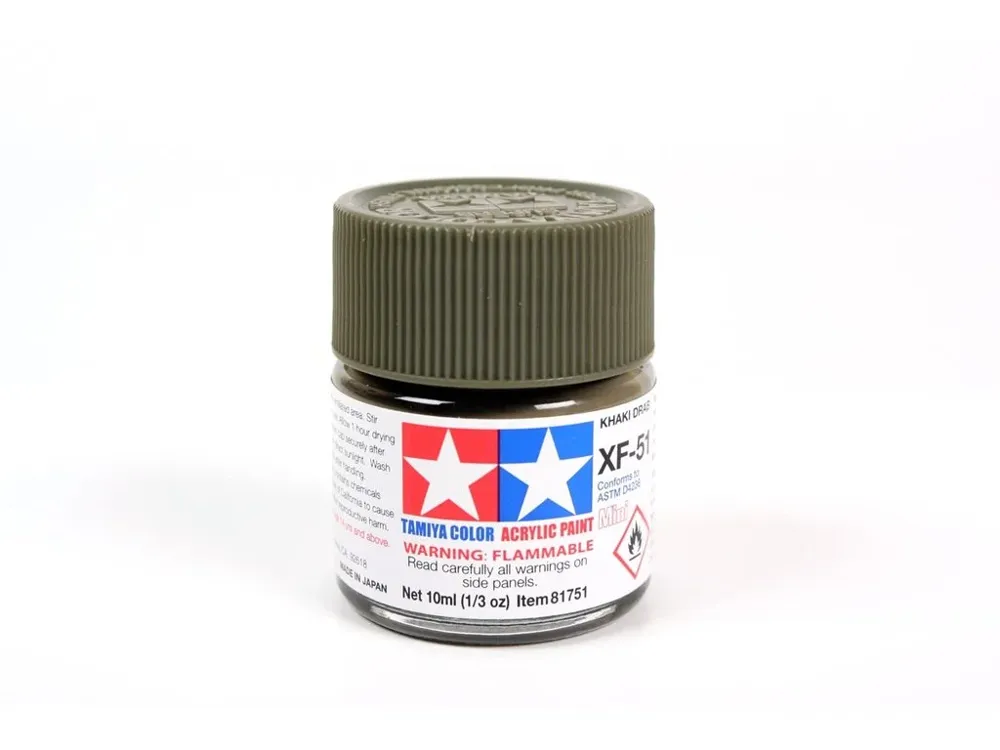 Lahvička akrylové barvy Tamiya Acrylic Mini XF-51 Khaki Drab 10 ml, matný odstín khaki