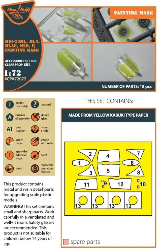 Maskovací sada Clear Prop CPA72077 z kabuki papíru pro model MiG-23 v měřítku 1/72