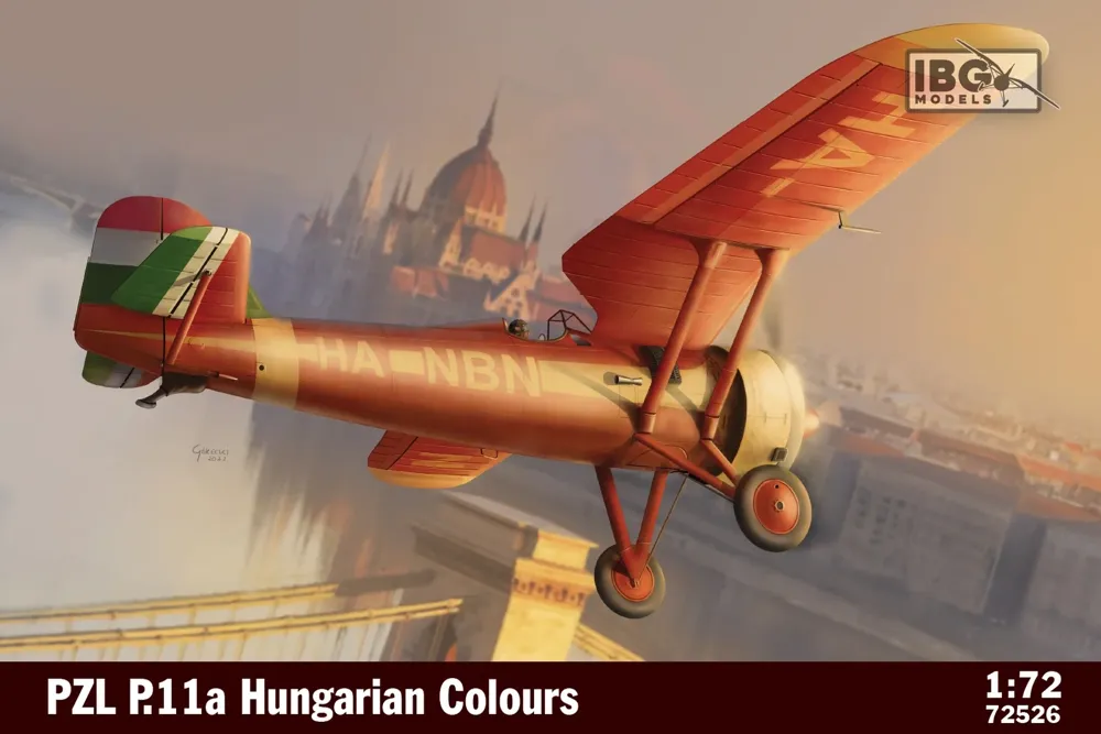 Krabice plastikové stavebnice IBG Models 1/72 PZL P.11a v maďarském zbarvení