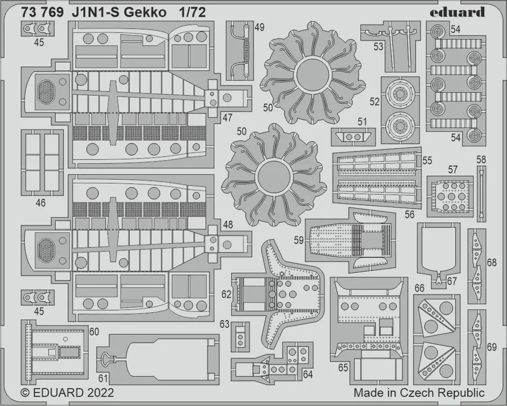 Barevný fotolept Eduard 73769 J1N1-S Gekko v měřítku 1/72 pro stavebnice Fujimi a Hobby 2000
