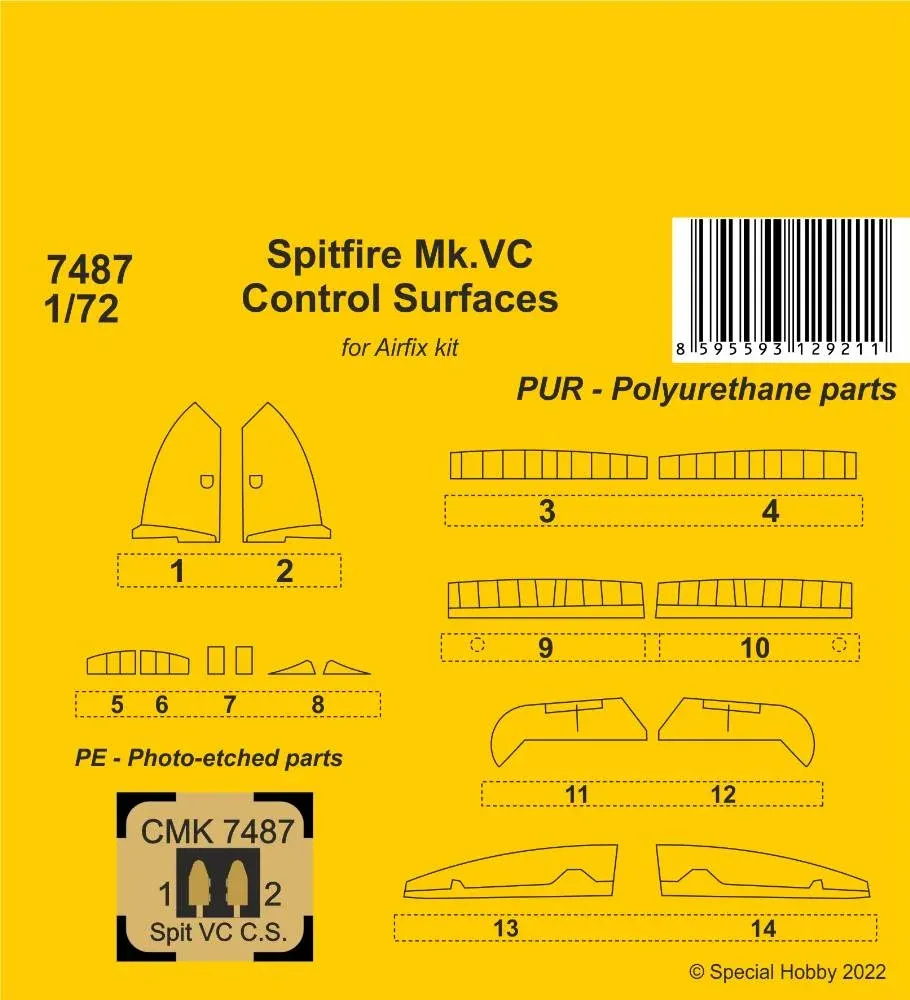 Resinová sada CMK 7487 ovládací plochy pro Spitfire Mk.Vc 1/72 (Airfix)