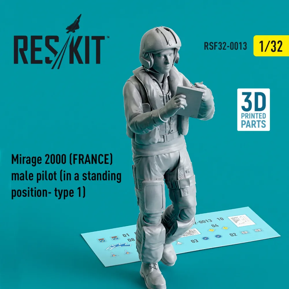 3D tištěná figurka Reskit RSF32-0013 pilot Mirage 2000 v měřítku 1/32, stojící pozice