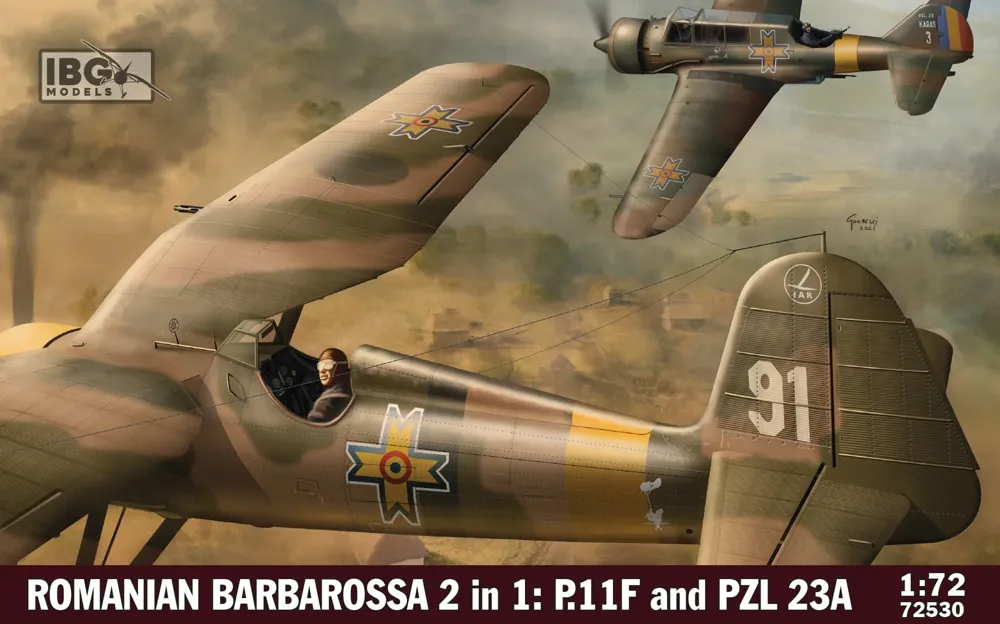 Krabice stavebnice IBG Models 72530 Romania Barbarossa 1/72 s letouny PZL.23A a PZL P.11F