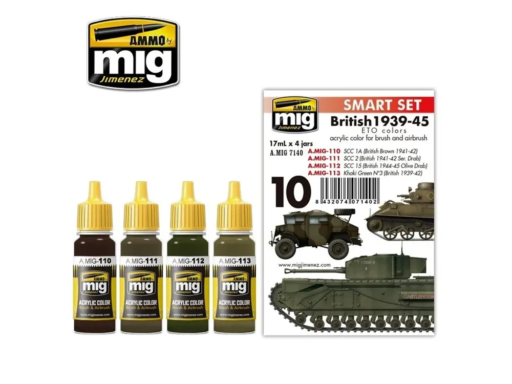 Sada akrylových barev AMMO Mig A.MIG-7140 British 1939-45 ETO Colors se čtyřmi lahvičkami