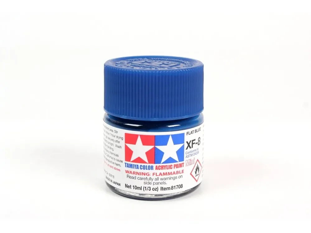 Skleněná lahvička akrylové barvy Tamiya Acrylic Mini XF-8 Flat Blue 10 ml