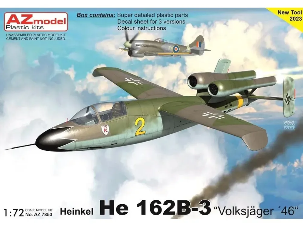 Krabice stavebnice AZ Model 1/72 Heinkel He 162B-3 Volksjäger 46, plastikový model proudového stíhače