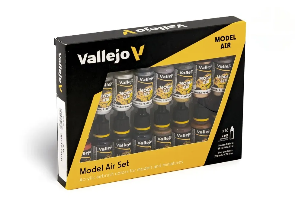 Sada akrylových barev Vallejo Model Air 71181 Metallic Effects, 16 lahviček po 18 ml
